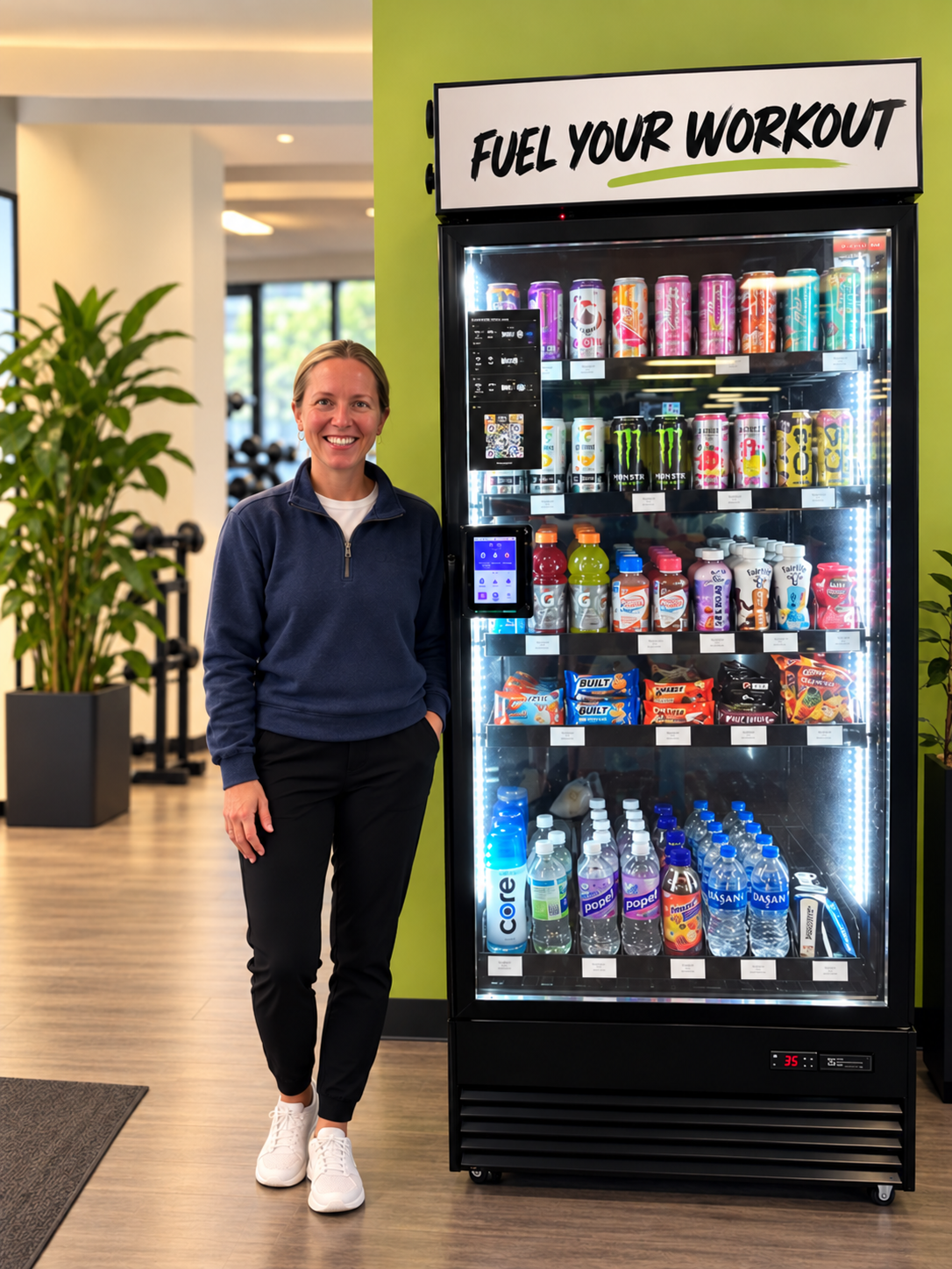 Youngers Vending owner beside modern smart workout cooler